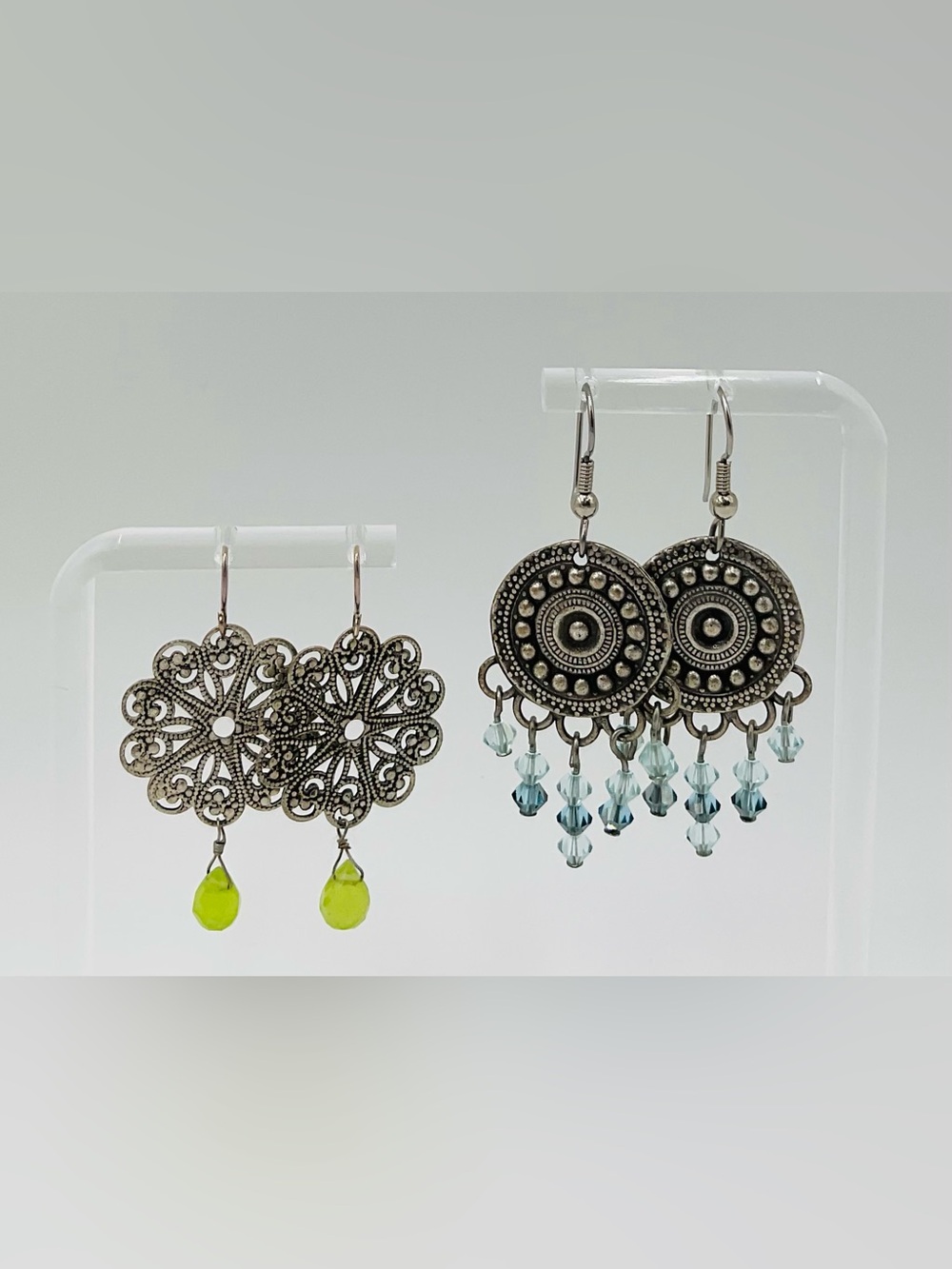 Set of Two Silver Dangle Earrings with Citrine and Light Blue Crystal Beads